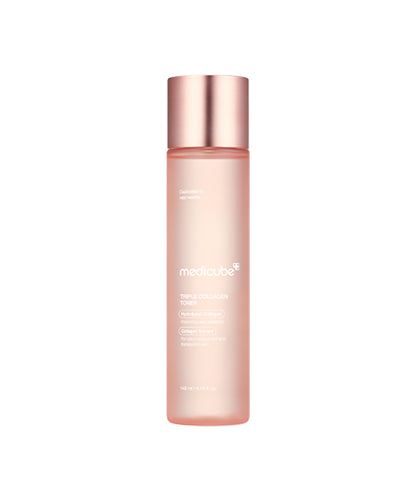 A studio shot of a tall, frosted pink bottle of Medicube Triple Collagen Toner with a metallic rose gold cap, isolated against a white background