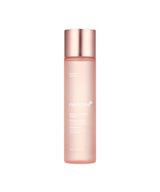 A studio shot of a tall, frosted pink bottle of Medicube Triple Collagen Toner with a metallic rose gold cap, isolated against a white background