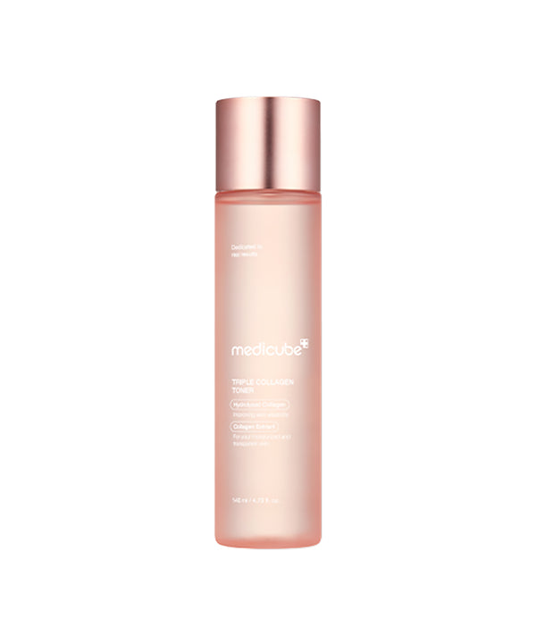 A studio shot of a tall, frosted pink bottle of Medicube Triple Collagen Toner with a metallic rose gold cap, isolated against a white background