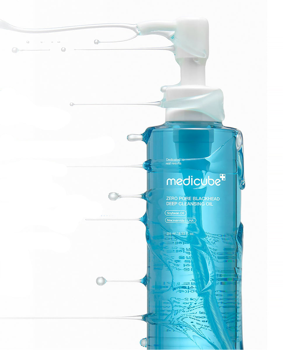 Blue bottle with pump of Medicube skincare product on a white background