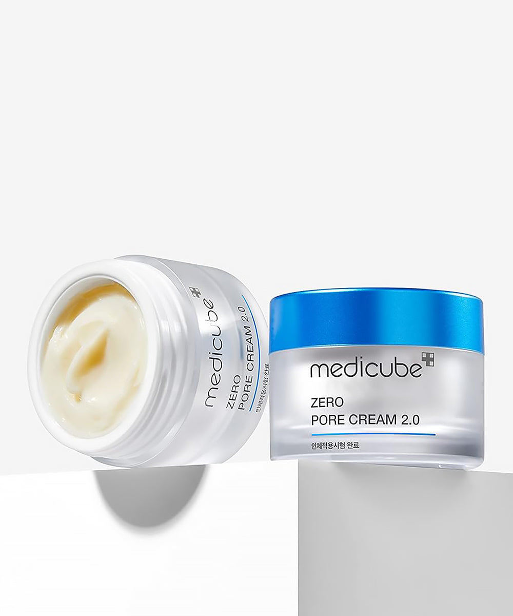Medicube Zero Pore Cream 2.0 jar with open lid on a white background