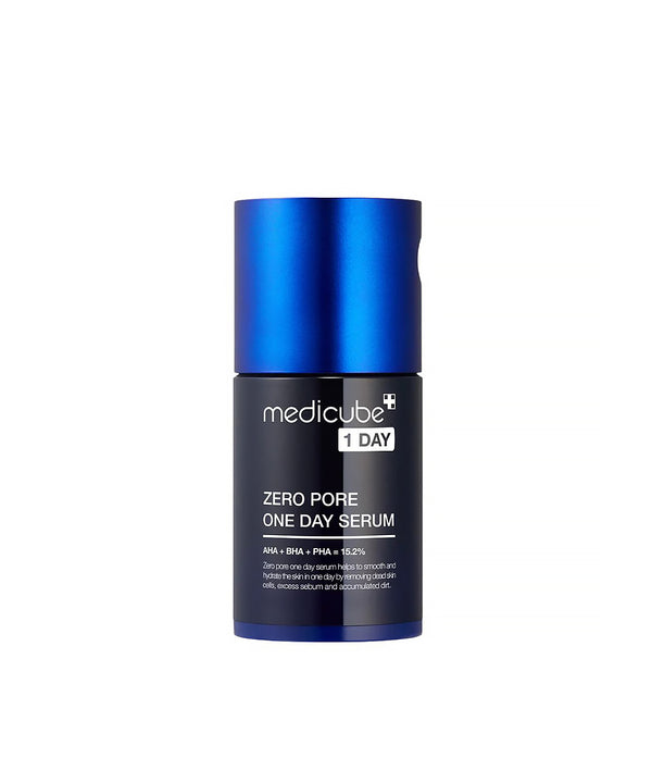 Blue and black skincare serum bottle on a white background