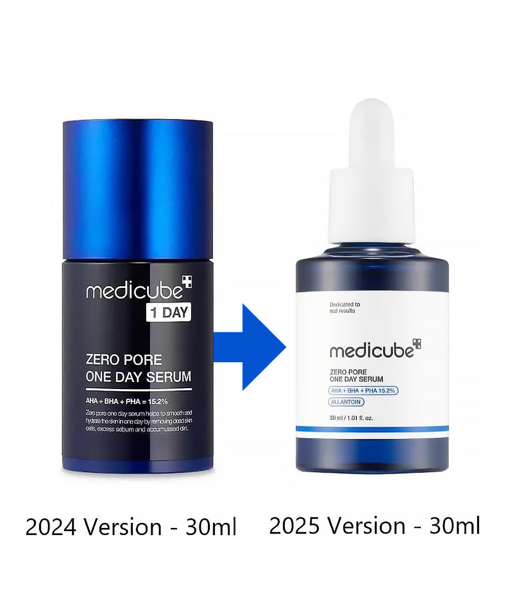 Two bottles of Medicube Zero Pore One Day Serum with a blue arrow pointing from 2024 version to 2025 version on a white background.