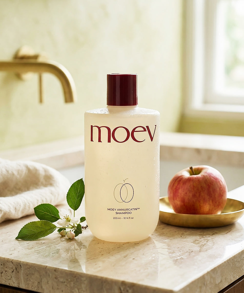 moev shampoo bottle on a bathroom counter with an apple and leaves