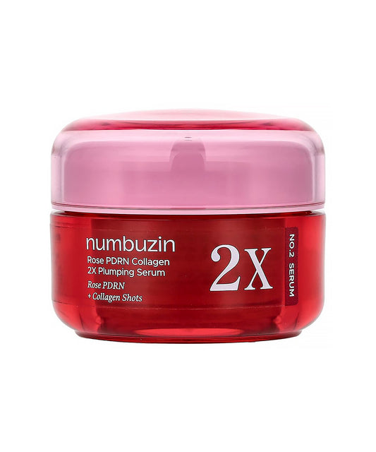 Front-facing product shot of the Numbuzin No.2 Rose PDRN Collagen 2X Plumping Serum bottle alongside its matching pink and white retail packaging