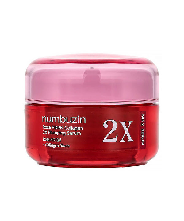 Front-facing product shot of the Numbuzin No.2 Rose PDRN Collagen 2X Plumping Serum bottle alongside its matching pink and white retail packaging