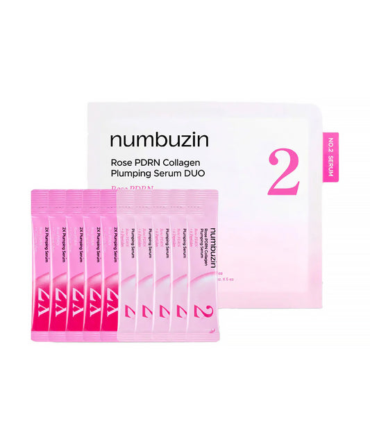 A professional shot of the Numbuzin No.2 Rose PDRN Collagen Plumping Serum Duo, featuring two pink glass pump bottles alongside their matching pink and white retail box