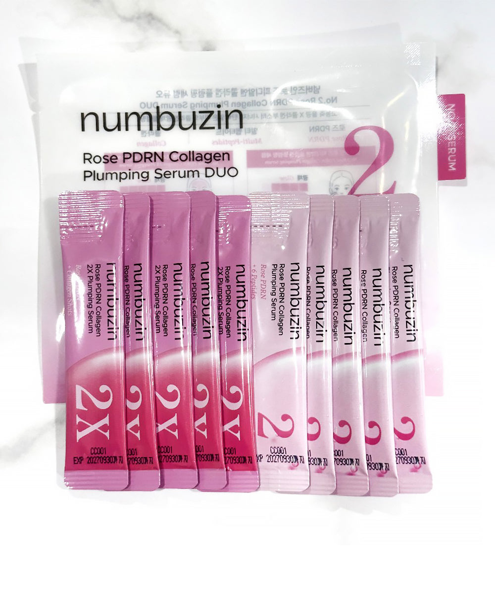 Product display of the Numbuzin No.2 Duo Set, showcasing two 50ml bottles of the Rose PDRN Collagen serum, emphasizing the value-pack set for long-term skincare