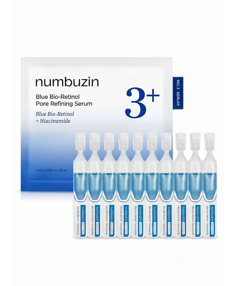 Front-facing shot of the Numbuzin No.3+ Blue Bio-Retinol Pore Refining Serum (30ml) bottle and its minimalist white packaging box, showcasing the clear glass and vibrant blue formula