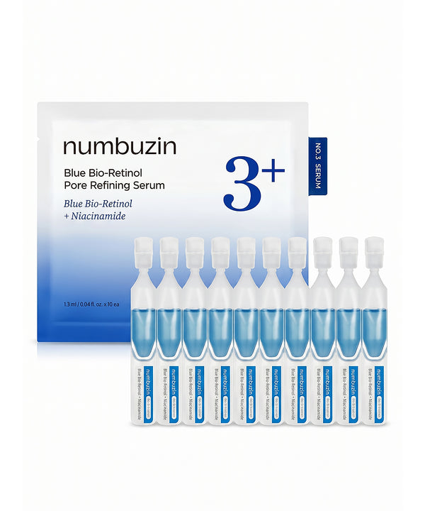 Front-facing shot of the Numbuzin No.3+ Blue Bio-Retinol Pore Refining Serum (30ml) bottle and its minimalist white packaging box, showcasing the clear glass and vibrant blue formula