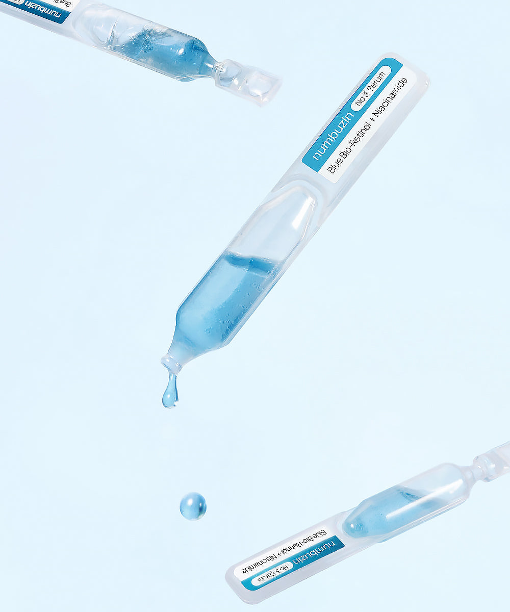 Professional lifestyle shot of the Numbuzin No.3+ serum and outer box on a neutral background, reflecting a modern and effective dermatological skincare aesthetic
