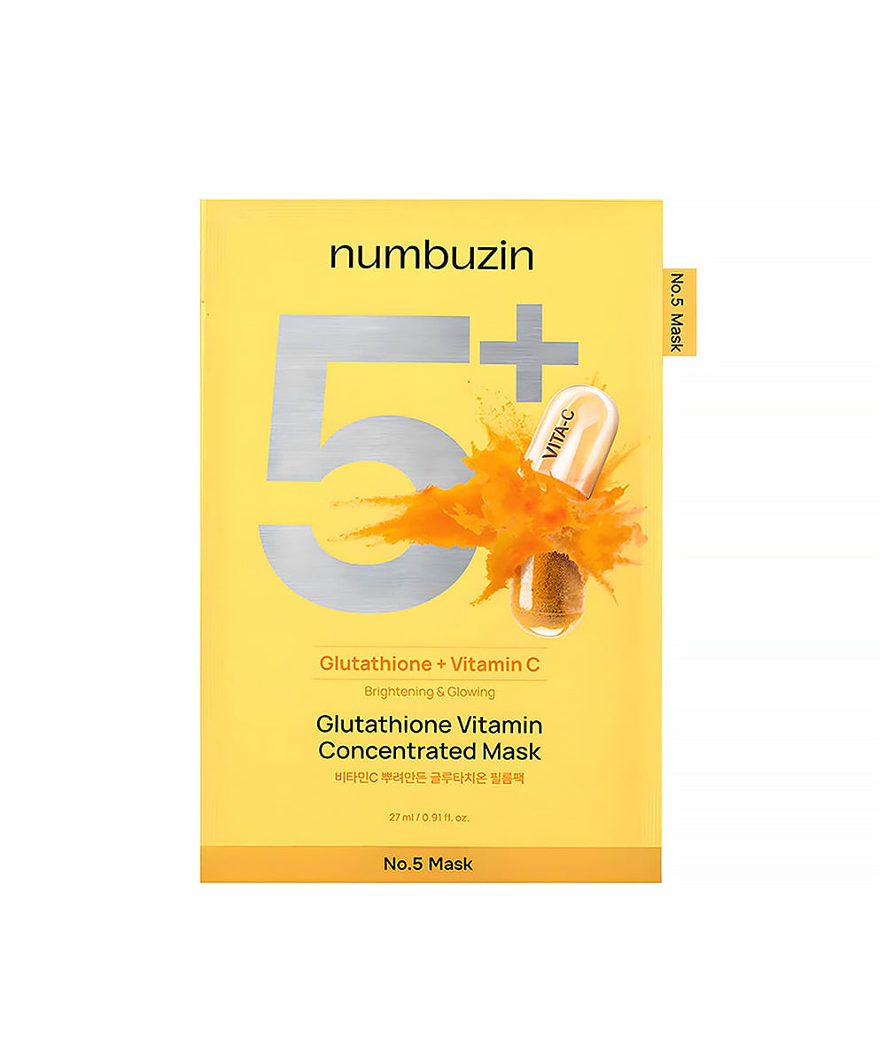 Front-facing studio shot of the Numbuzin No.5 Glutathione Vitamin Concentrated Mask in its signature yellow and white single-use packet, highlighting its brightening and glow benefits