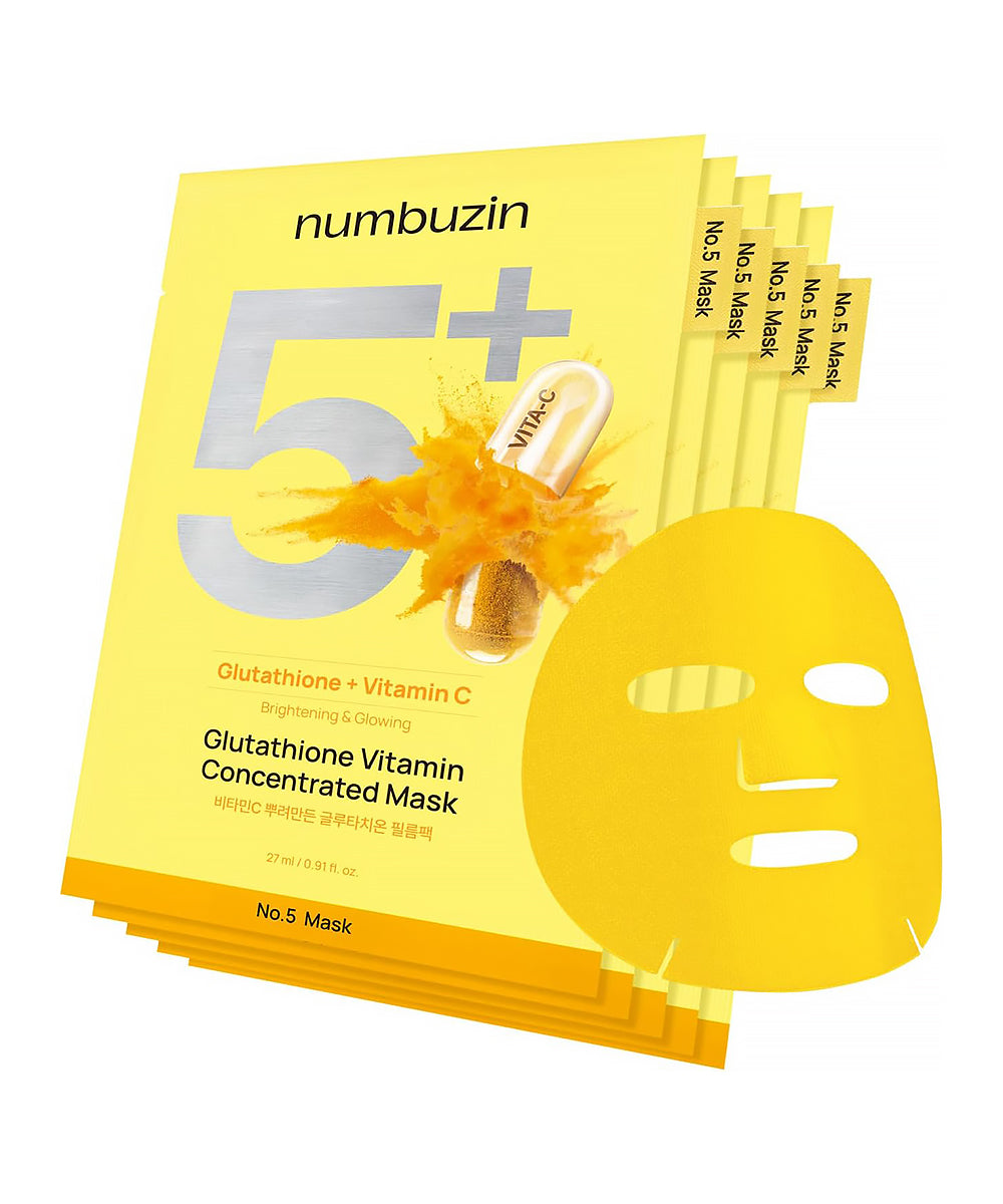The outer retail box and an individual packet of the Numbuzin No.5 Glutathione Vitamin Concentrated Mask, displaying the minimalist packaging and intensive brightening formula