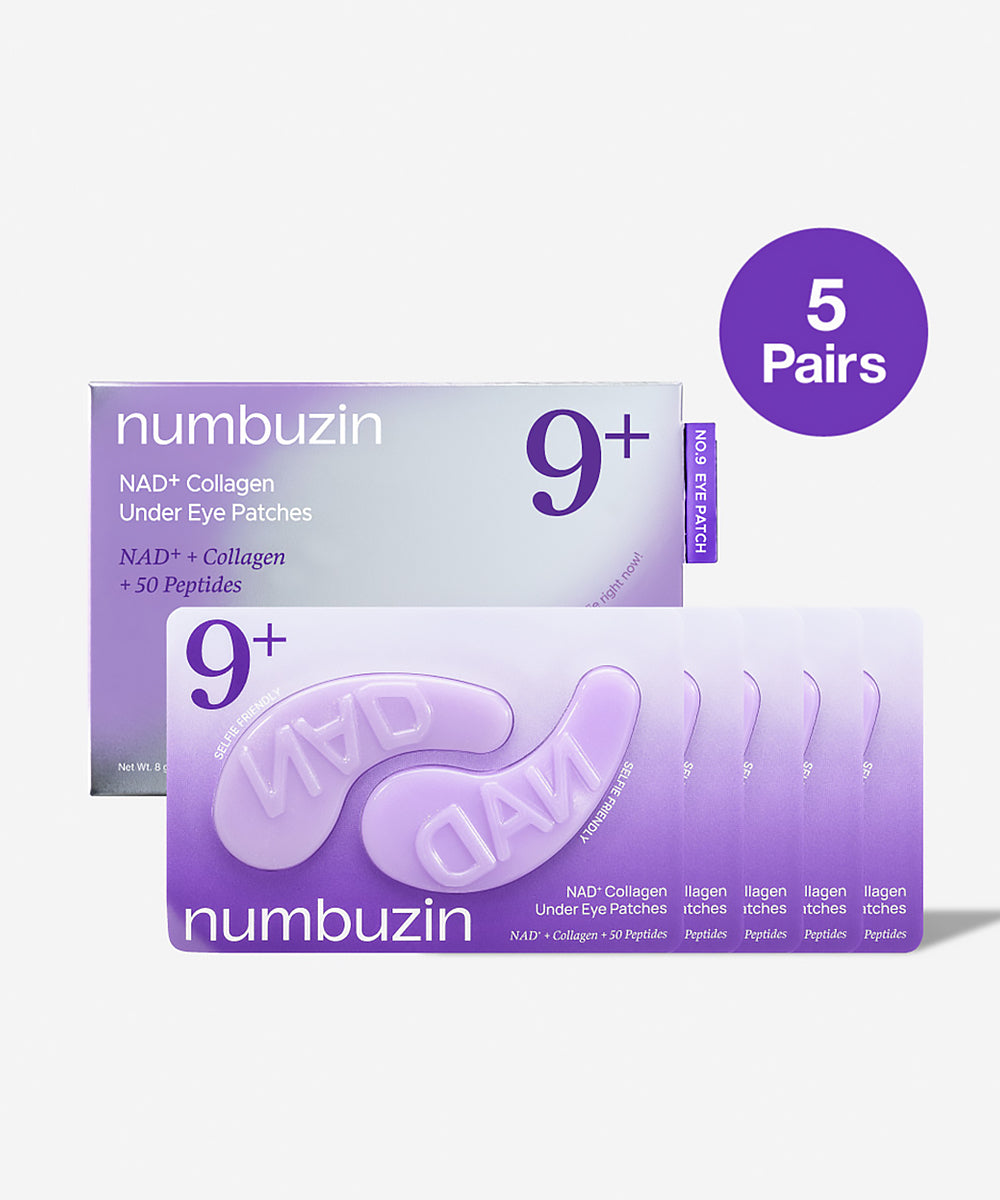 Two boxes of Numbuzin 9+ under eye patches with a purple circle indicating 5 pairs on a white background.