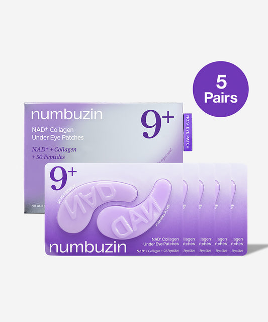 Two boxes of Numbuzin 9+ under eye patches with a purple circle indicating 5 pairs on a white background.