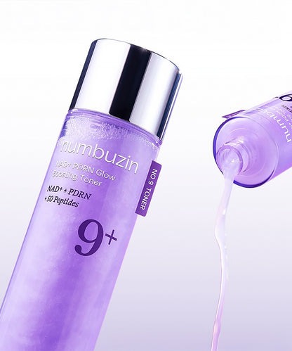 Purple Numbuzin skincare bottle with silver cap on a light purple background