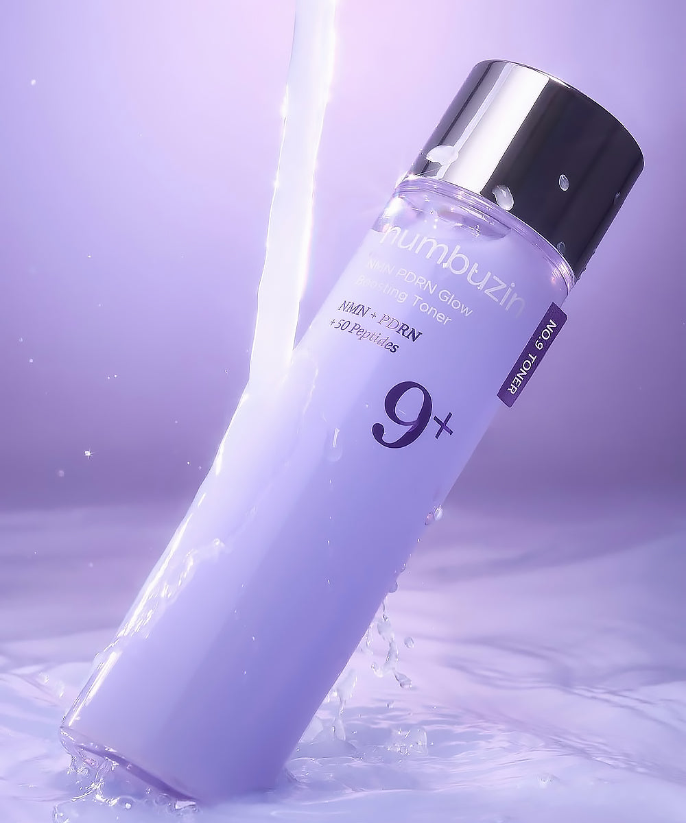 Skincare bottle with a purple gradient and silver cap on a matching purple background