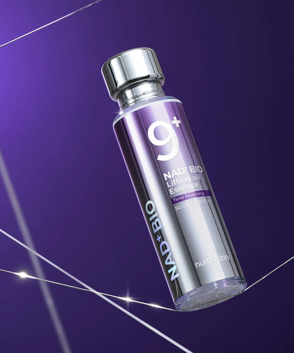 NAD+ BIO skincare bottle on a purple background