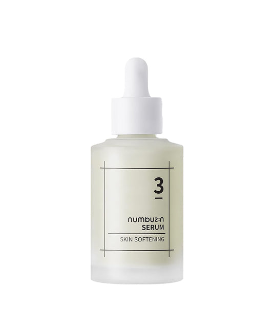 A clean, front-facing studio shot of the numbuzin No. 3 Skin Softening Serum in a frosted glass bottle with a white dropper cap against a plain white background