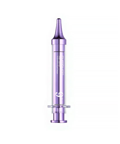 Purple cosmetic serum bottle on a white background