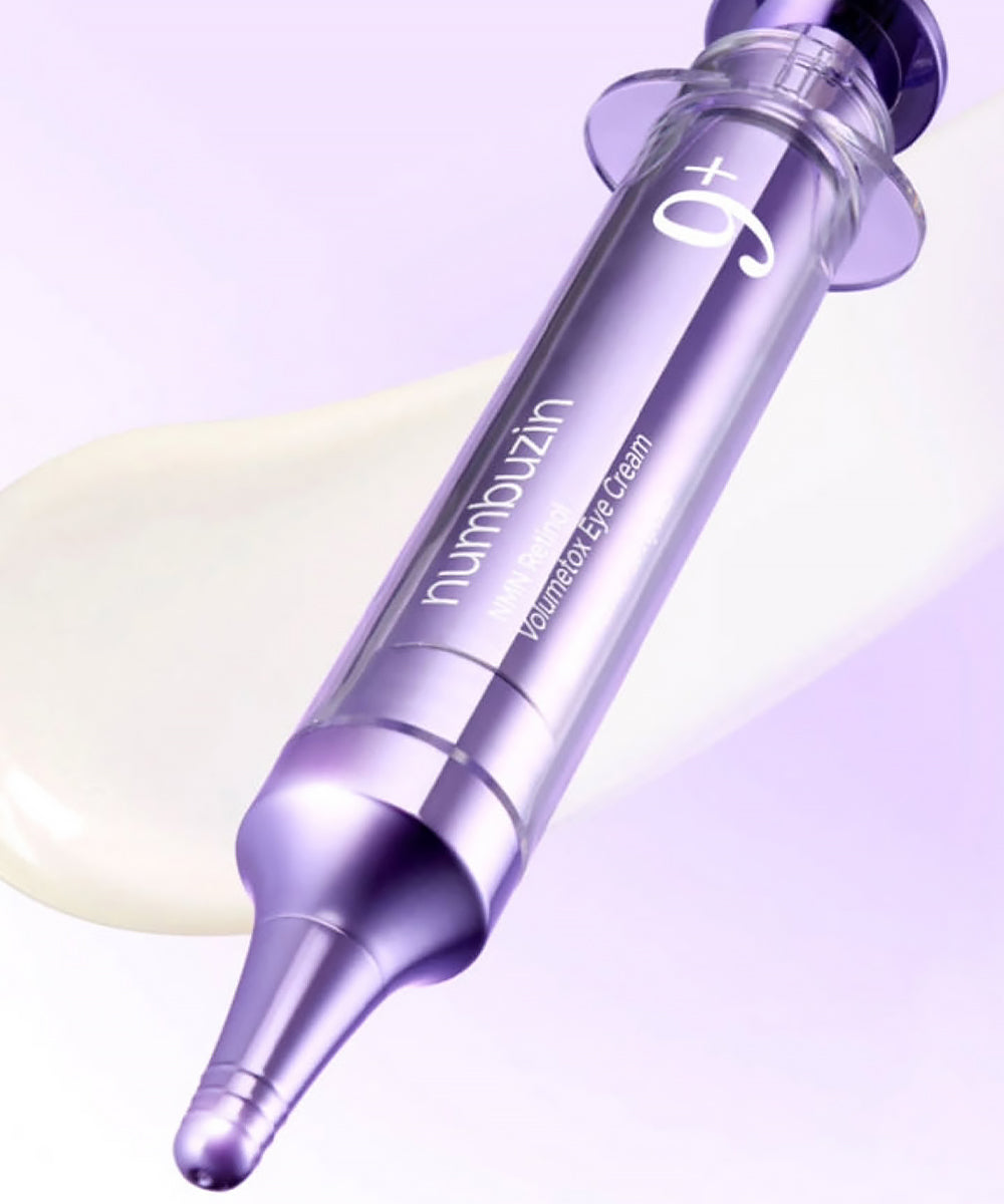 Purple eye cream bottle with needle-like applicator on a light purple background