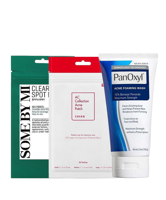 PANOXYL Cleanser, Cosrx Patches, and Some By Mi Patches