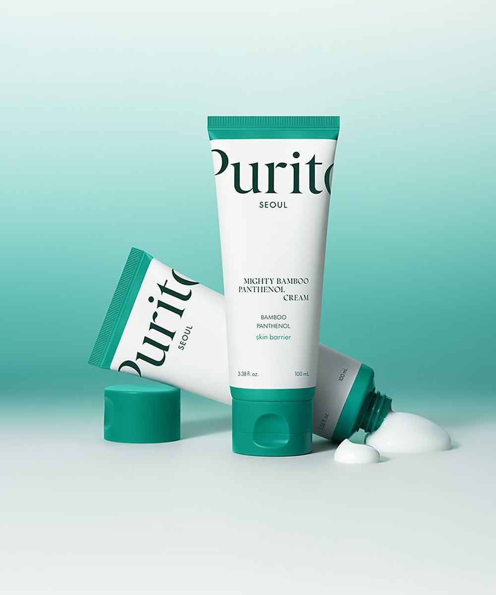 Purito skincare products on a light blue background