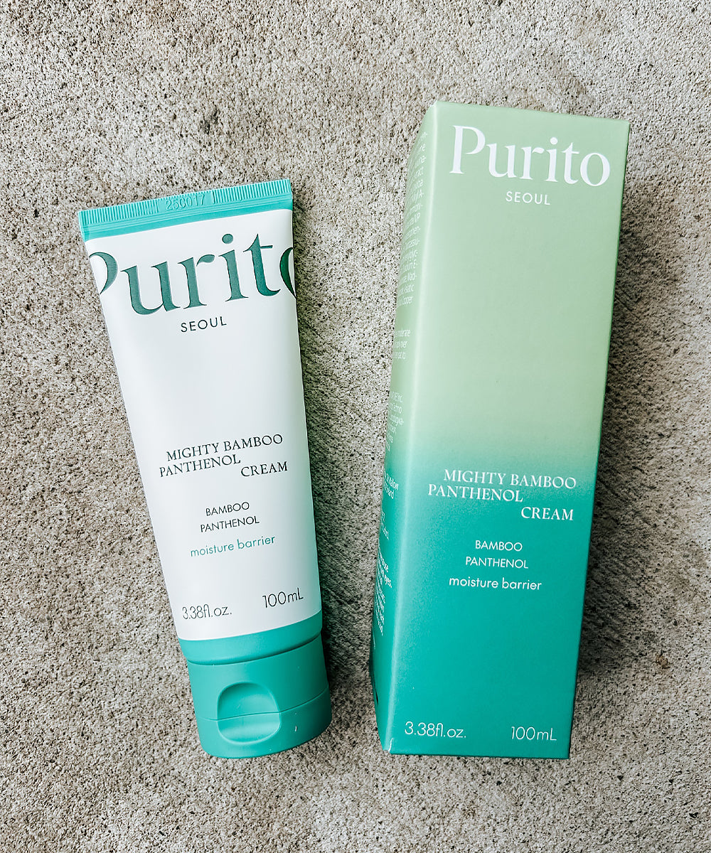 Purito Mighty Bamboo Panthenol Cream packaging on a textured surface
