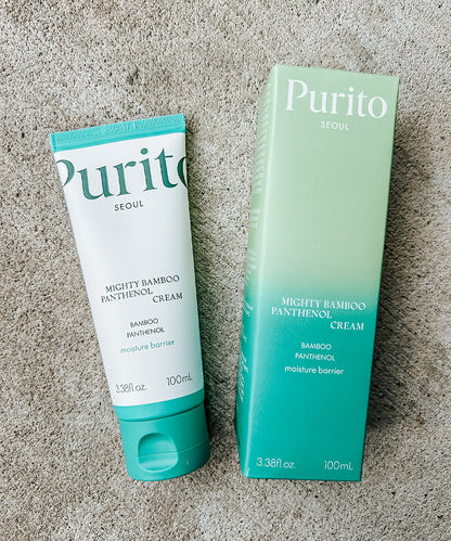 Purito Mighty Bamboo Panthenol Cream packaging on a textured surface