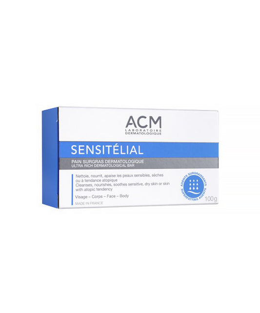 Front view of the ACM SENSITÉLIAL Ultra Rich Dermatological Bar (100g) box, specifying its use for sensitive, dry skin with atopic tendency