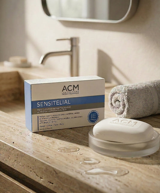 An unpacked ACM SENSITÉLIAL soap bar, with an etched "ACM" logo, sits in a clear glass dish on a travertine bathroom counter, next to its box