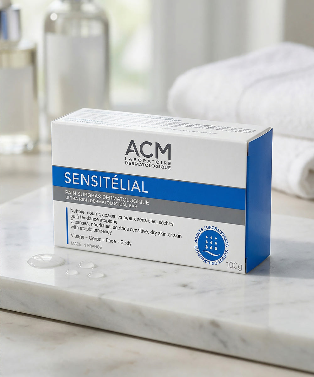 The box of ACM SENSITÉLIAL Ultra Rich Dermatological Bar is centered on a white marble slab, accompanied by clear water droplets