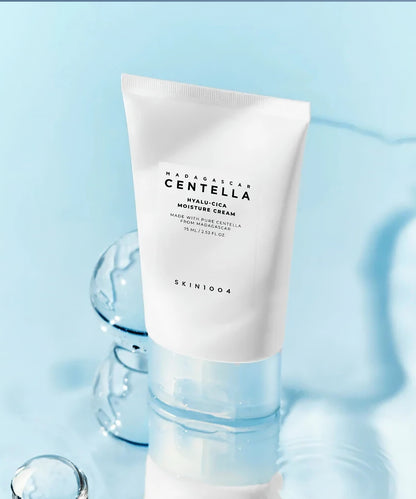 Skincare cream tube with 'Madagascan Centella' branding on a light blue background