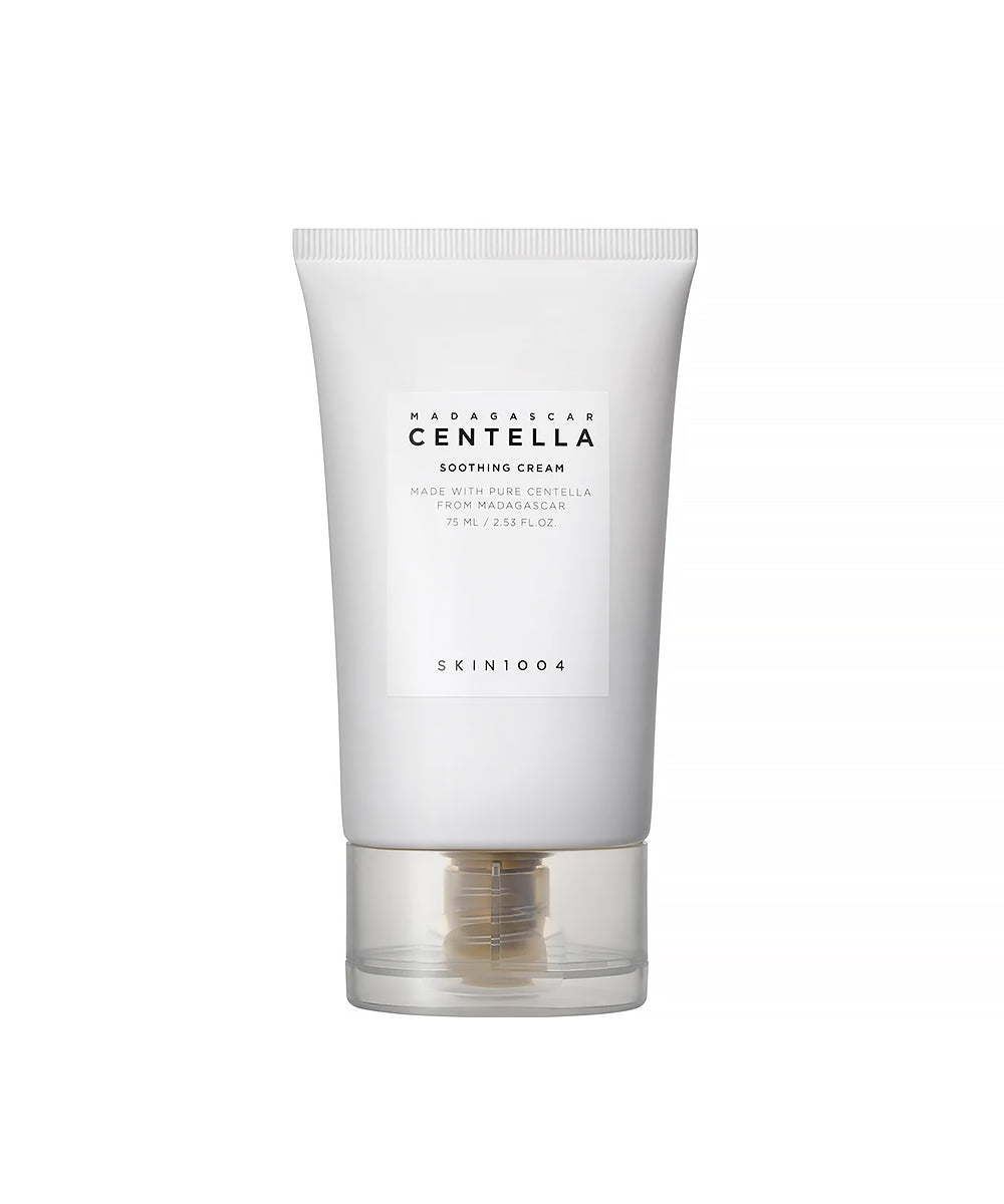 White tube of SKIN1004 Madagascar Centella Soothing Cream with a clear and gold pump dispenser, shown front-on against a white background