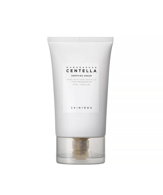 White tube of SKIN1004 Madagascar Centella Soothing Cream with a clear and gold pump dispenser, shown front-on against a white background