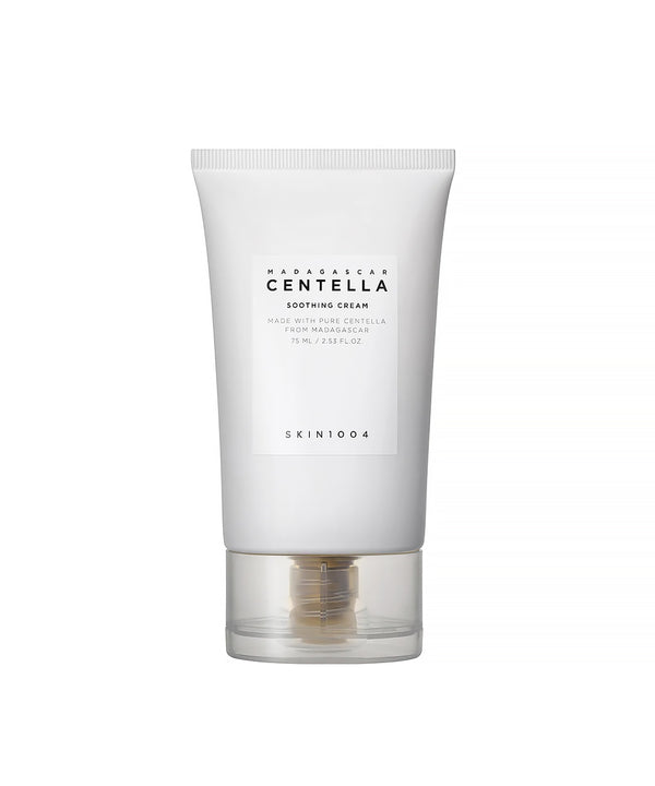 White tube of SKIN1004 Madagascar Centella Soothing Cream with a clear and gold pump dispenser, shown front-on against a white background