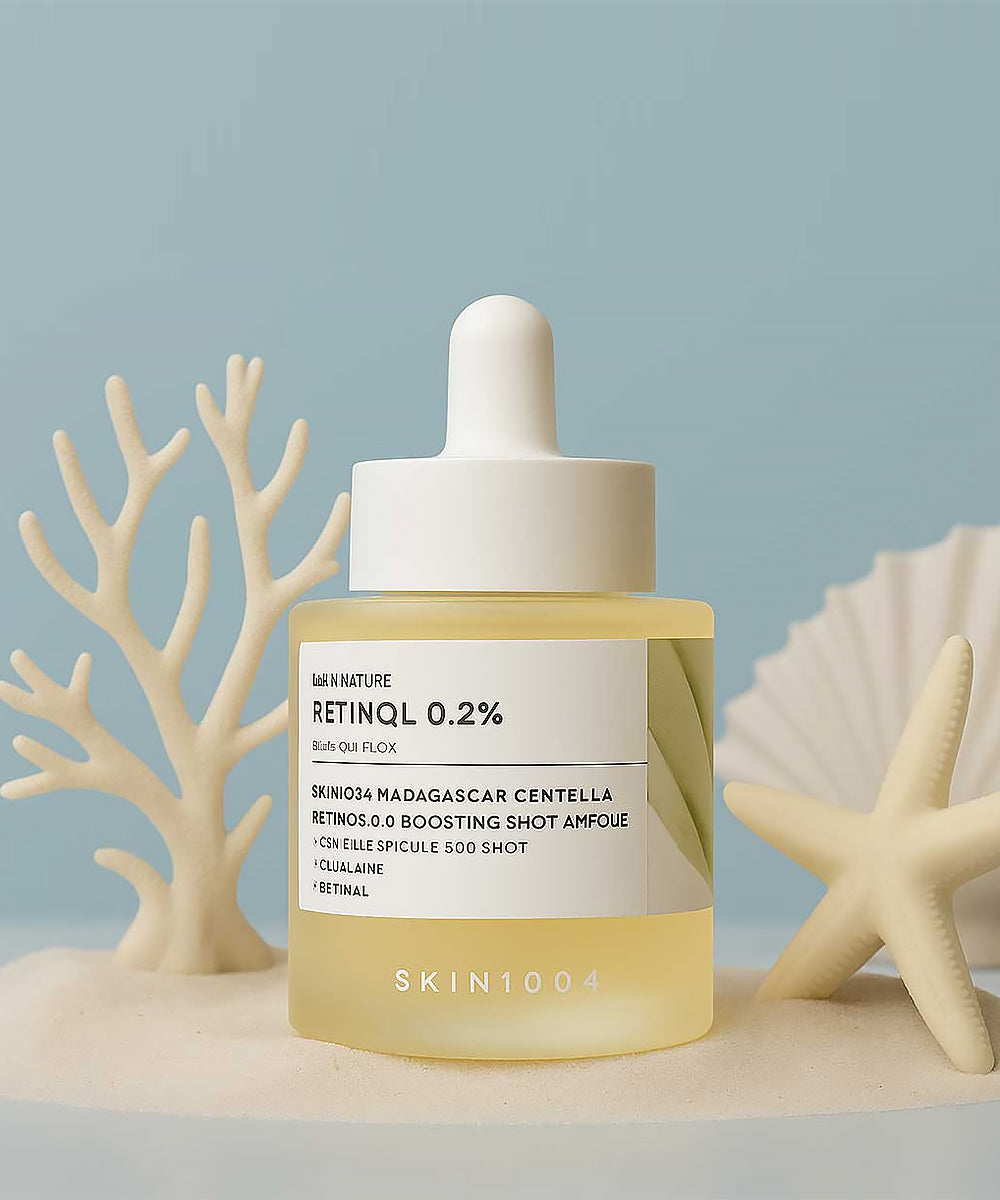 Skincare dropper bottle with 'Retinol 0.2%' on a neutral background