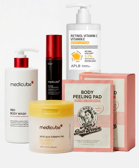 Collection of Medicube skincare products including body wash, serum, and peeling pads on a white background.