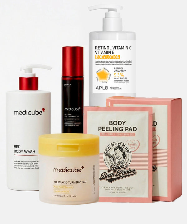 Collection of Medicube skincare products including body wash, serum, and peeling pads on a white background.