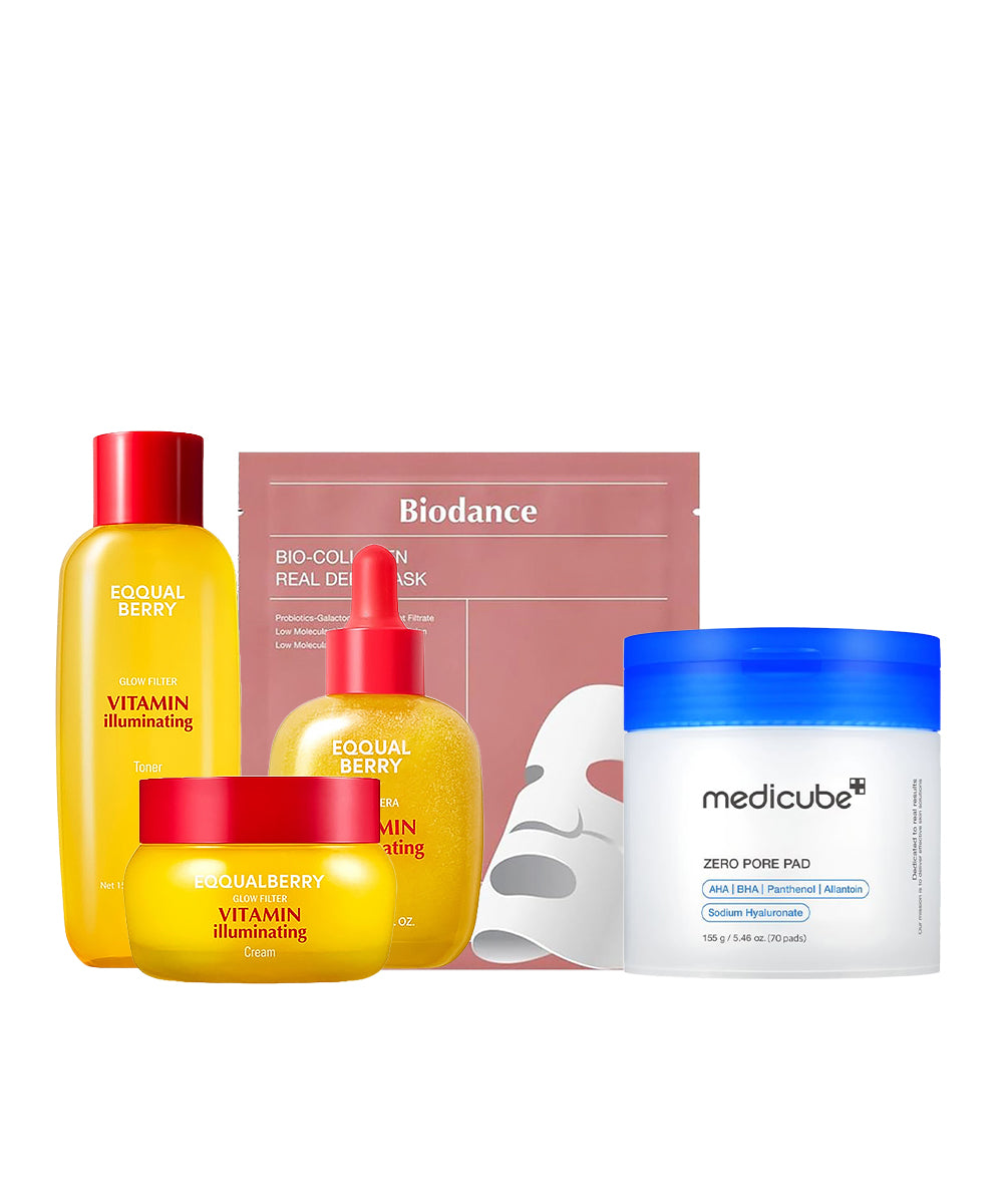 Skincare products including bottles and a jar on a white background