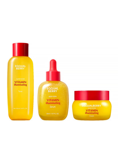 Three yellow skincare products with red caps on a white background