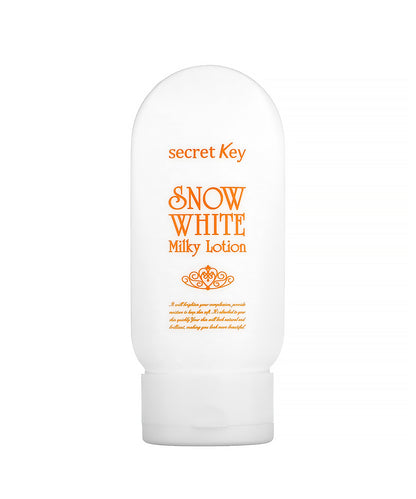 White lotion bottle with 'secret Key Snow White Milky Lotion' text on a white background