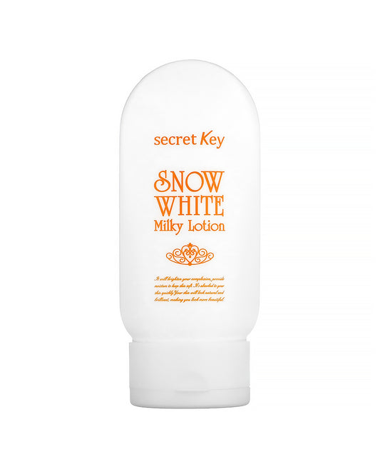 White lotion bottle with 'secret Key Snow White Milky Lotion' text on a white background