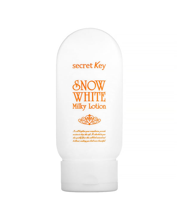 White lotion bottle with 'secret Key Snow White Milky Lotion' text on a white background