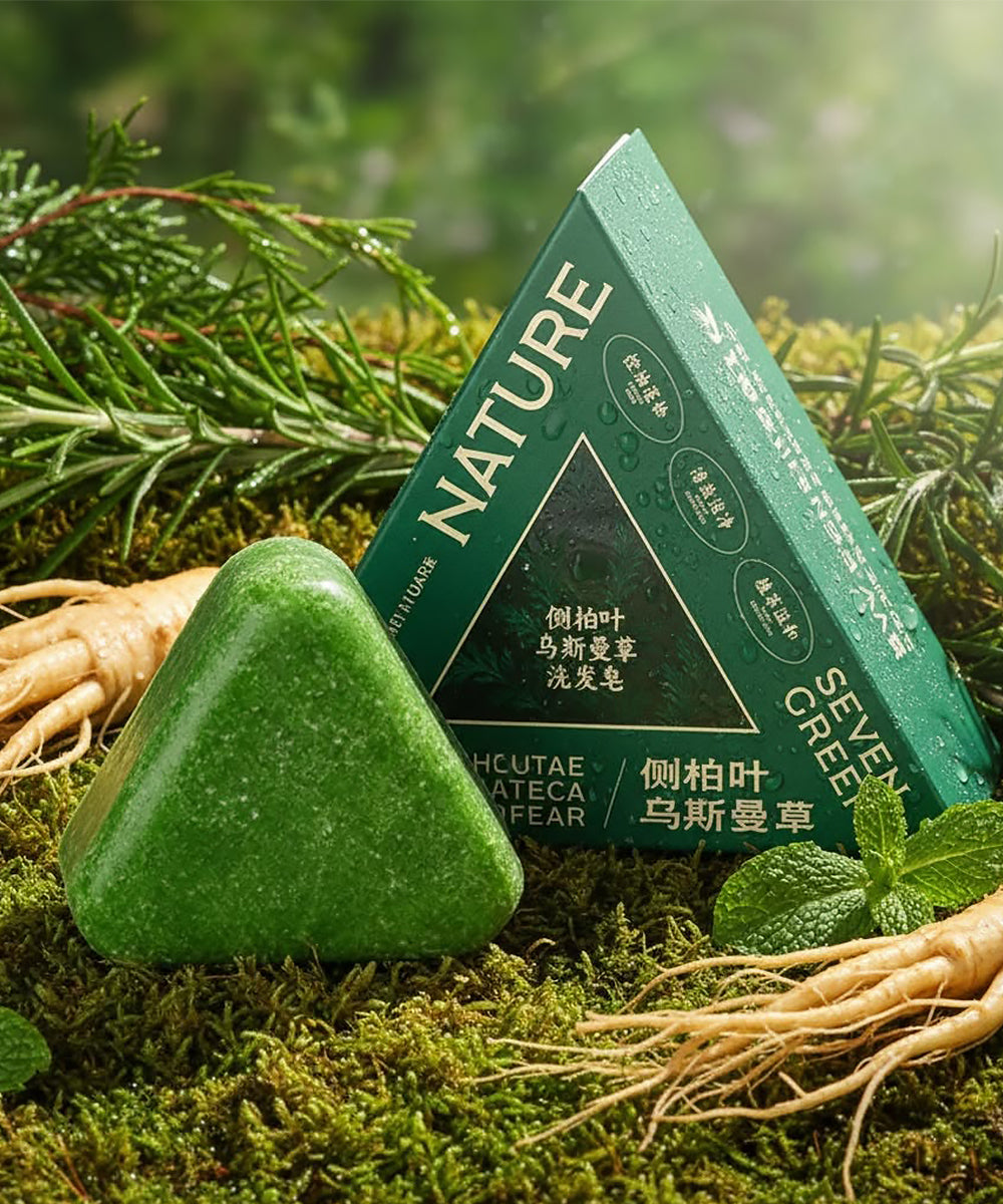 Green triangular soap with packaging on a natural background