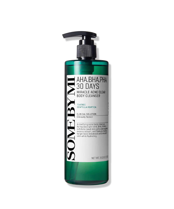 Bottle of 'Some By Mi' AHA BHA PHA 30 Days Miracle Acne Clear Body Cleanser on a white background