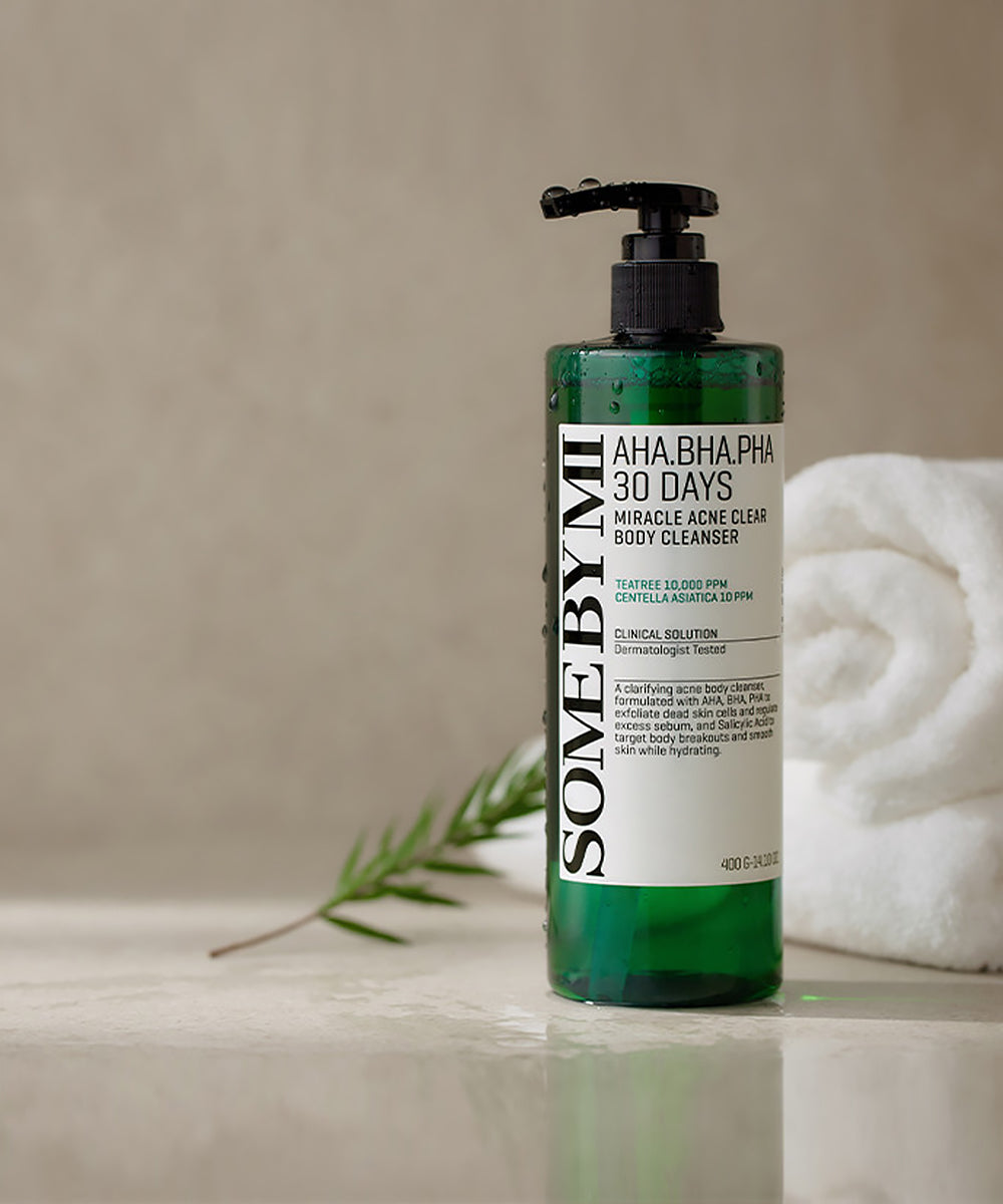 Bottle of 'Some By Mi' body cleanser with a beige background