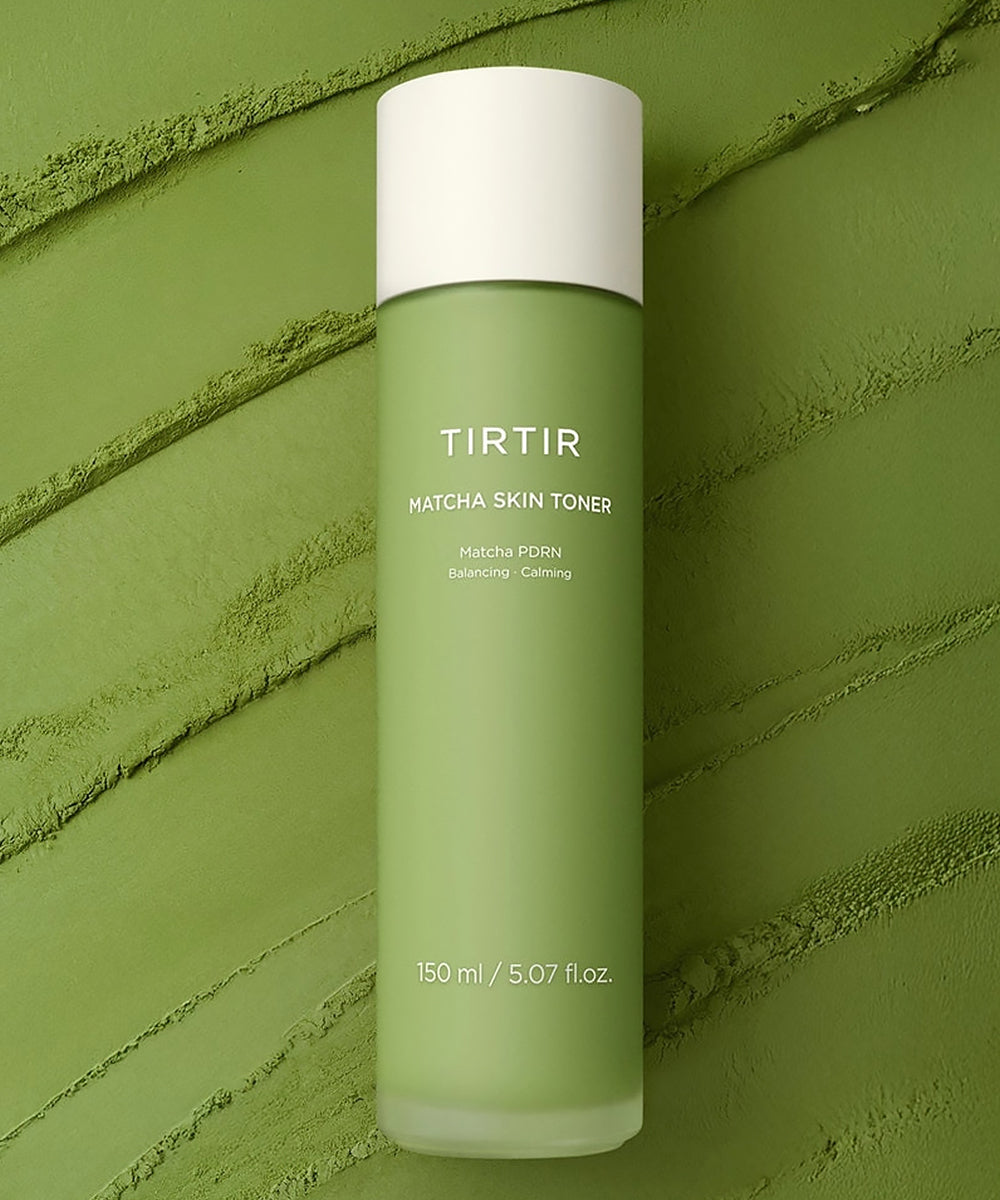 TIRTIR Matcha Skin Toner on textured matcha background, green hydrating toner bottle