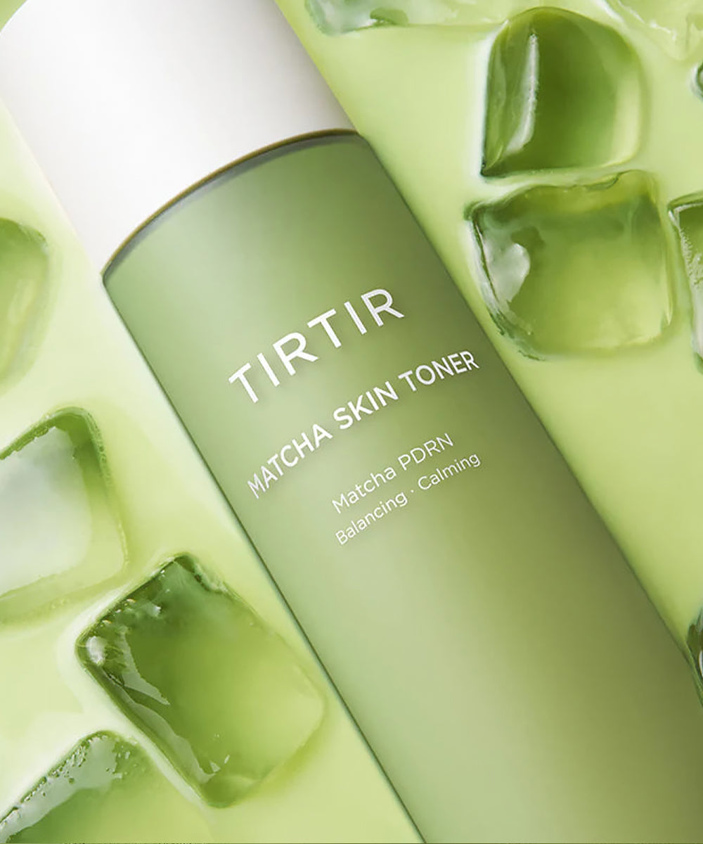 TIRTIR Matcha Skin Toner with ice cubes, refreshing green skincare toner close-up
