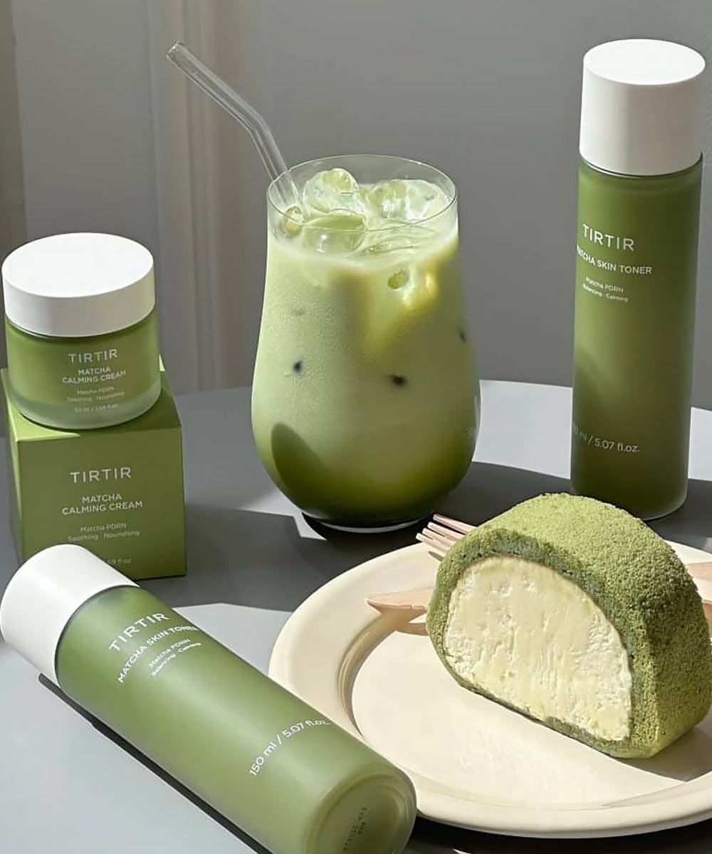 TIRTIR Matcha skincare set with toner, cream, iced matcha drink and dessert display